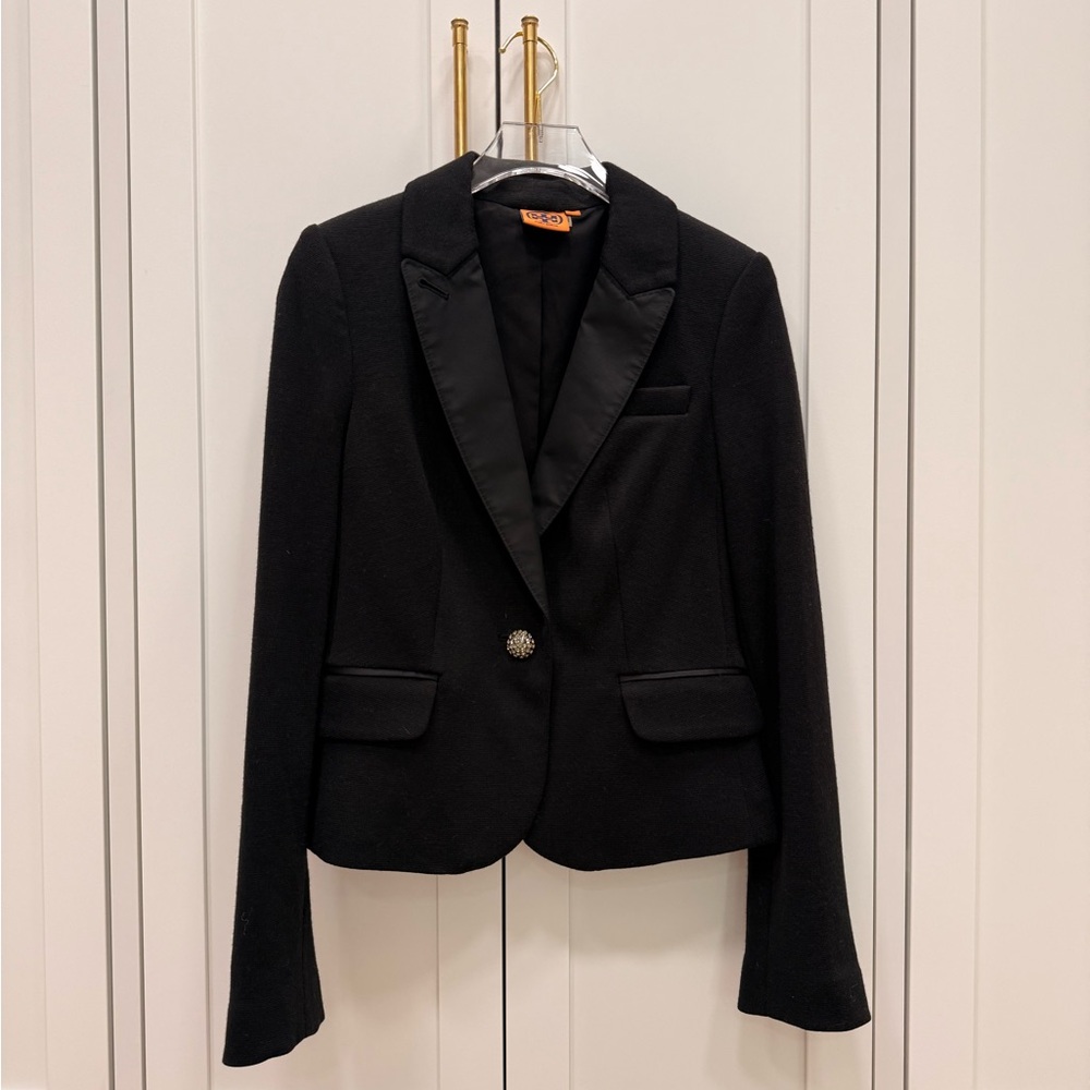 Tory Burch Black Knit Blazer Jacket with Crystal Buttons